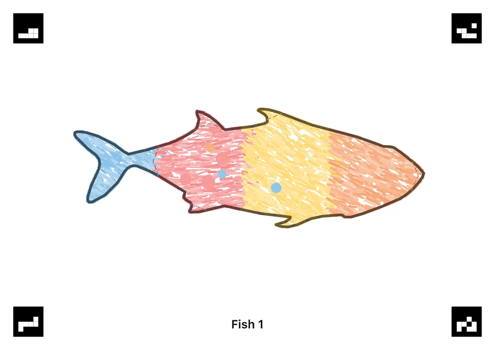 A colouring sheet with a fish coloured in crayon