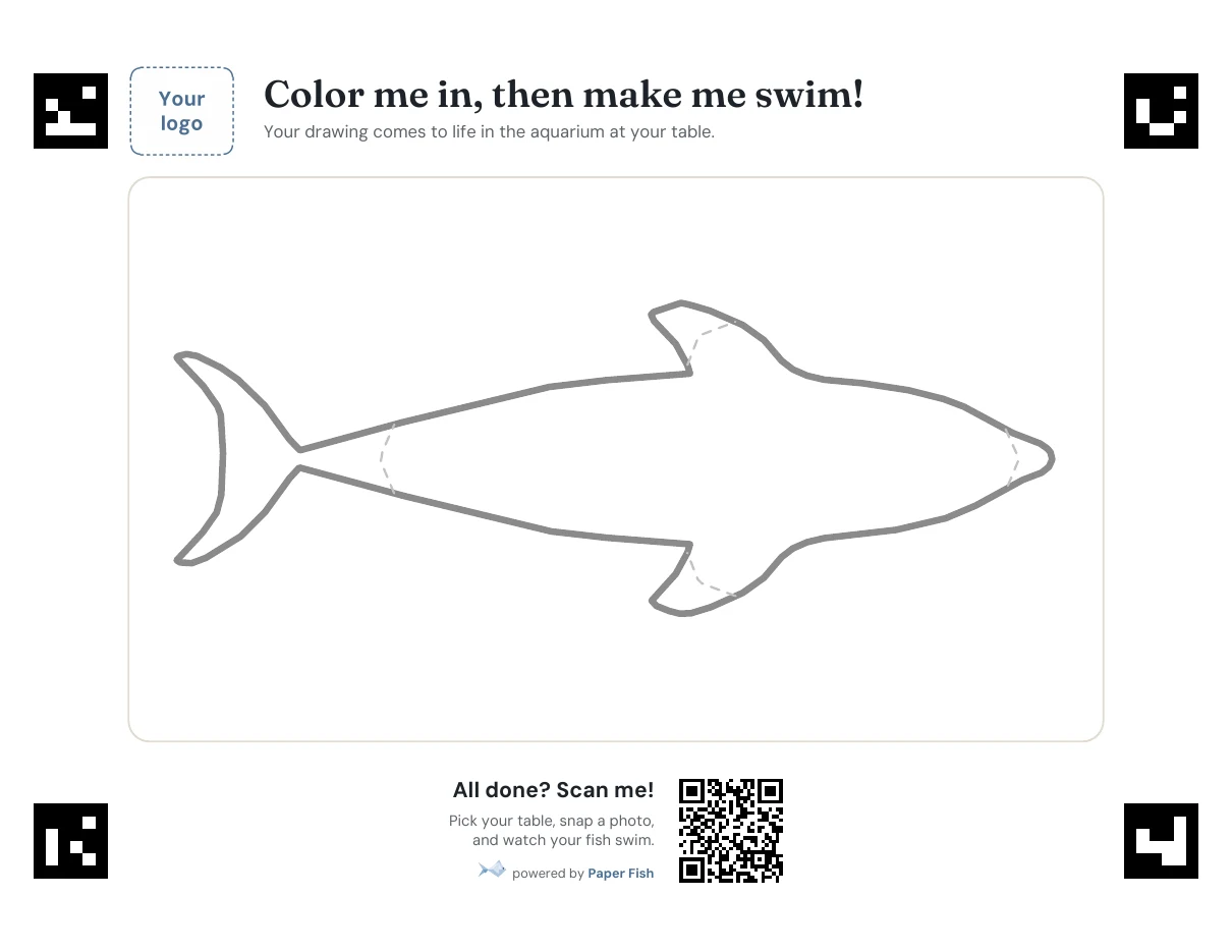 A colouring sheet with the venue's logo, a fish to colour, and one code to scan
