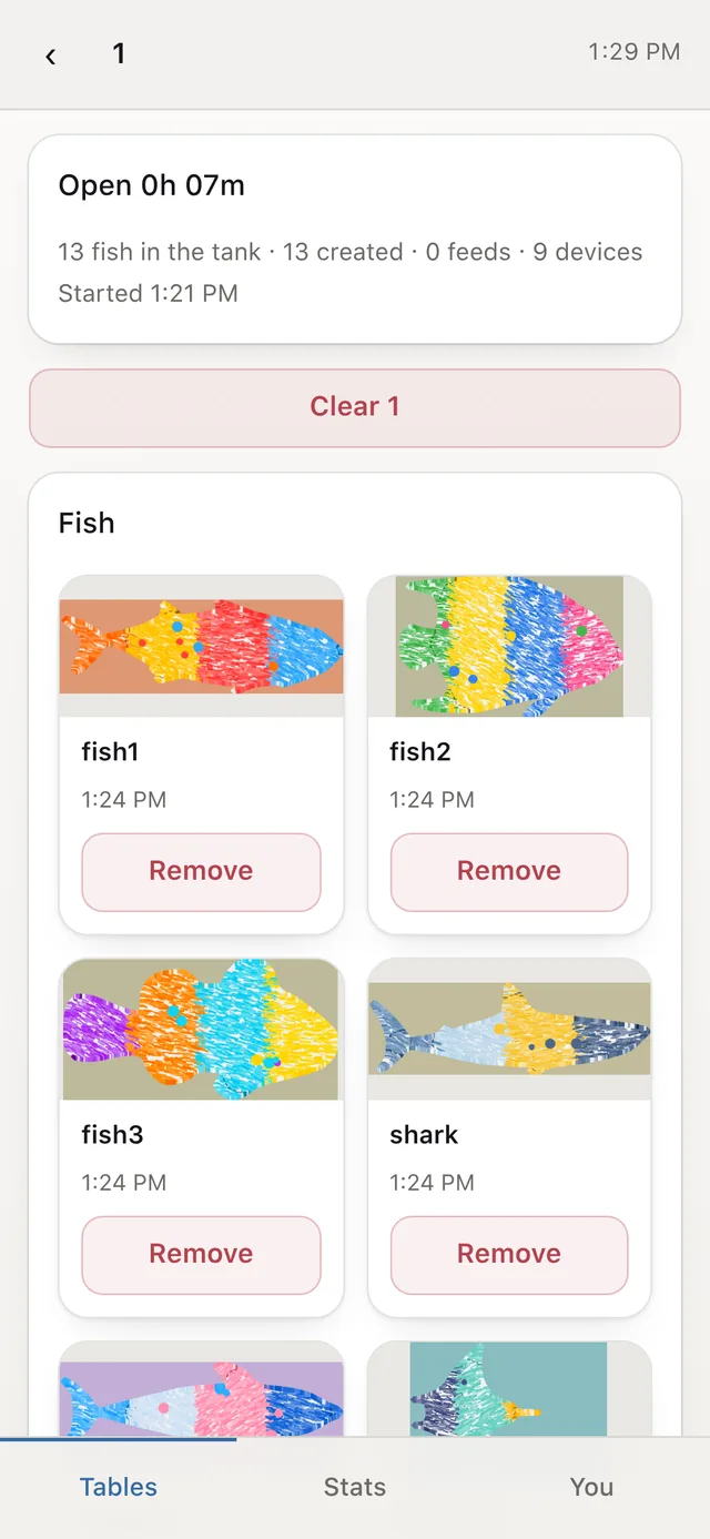 One table in the console: the fish in it, and a button to clear it